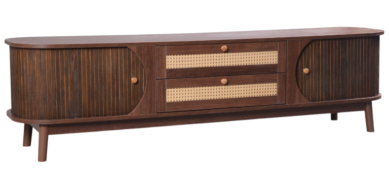 White TV cabinet with two doors and open shelves on wooden legs