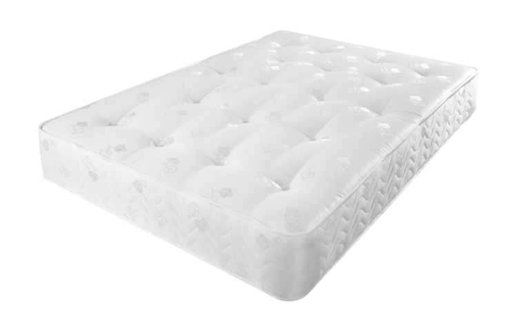 A fantastically firm mattress, featuring orthopaedic support and finished in an elegant damask cover. A white, tufted mattress on a slight angle, with a textured surface.