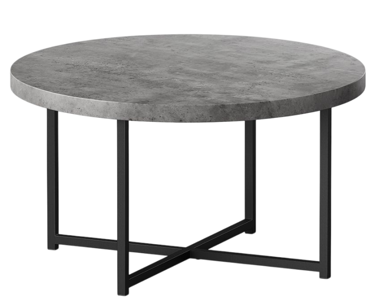 Round grey tabletop with a black, geometric metal base. Round grey tabletop with a black, geometric metal base.