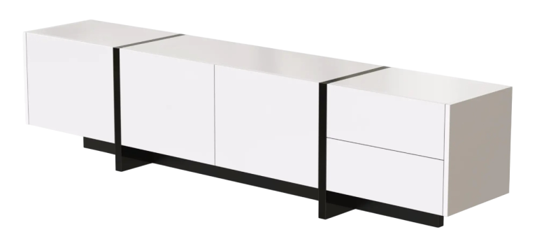 White TV cabinet with two doors and open shelves on wooden legs