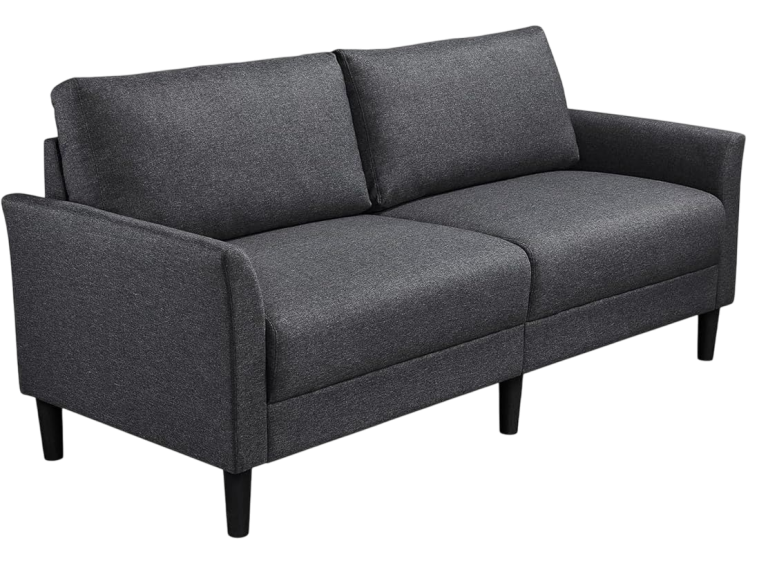 Grey three-seater sofa with clean lines and tapered legs.