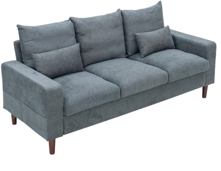 Grey three-seater sofa with clean lines and tapered legs.