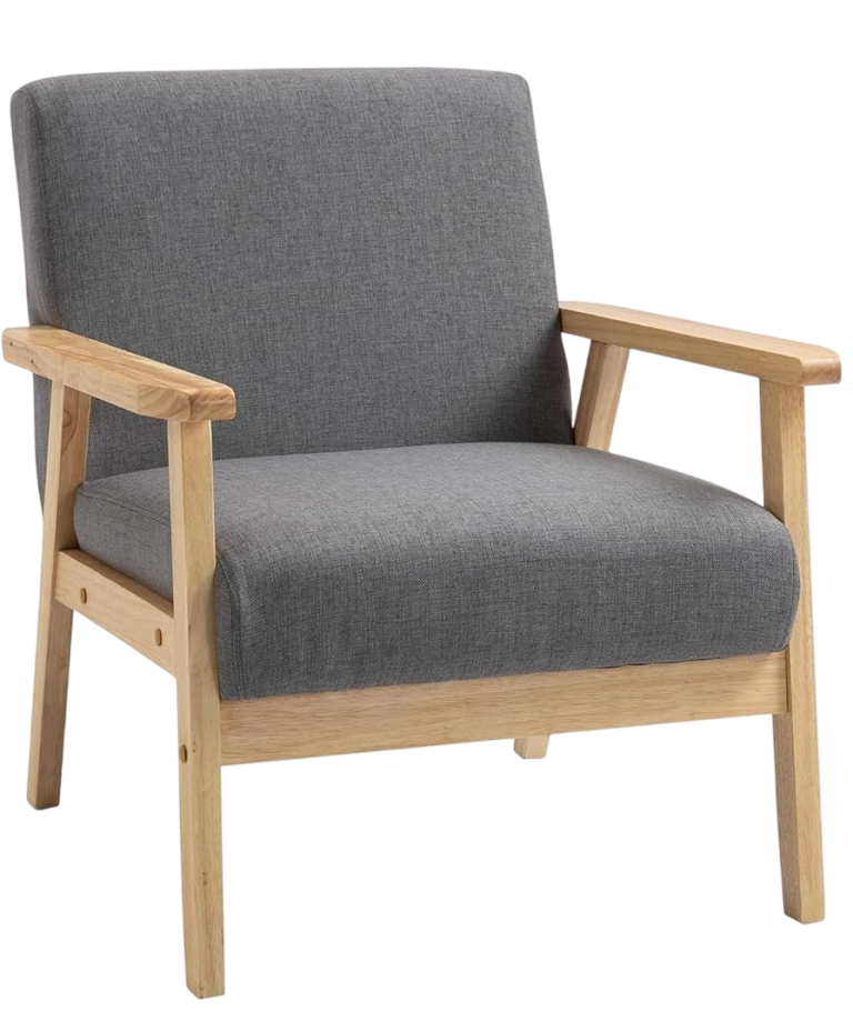 Grey upholstered armchair with wooden frame and arms