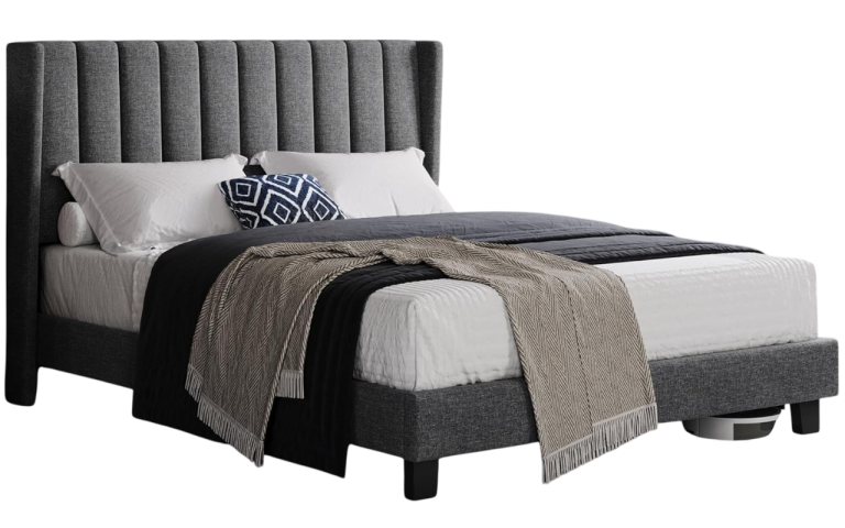 A stylish grey upholstered bed with a tufted headboard and sturdy slat. A stylish grey upholstered bed with a tufted headboard and sturdy slat.