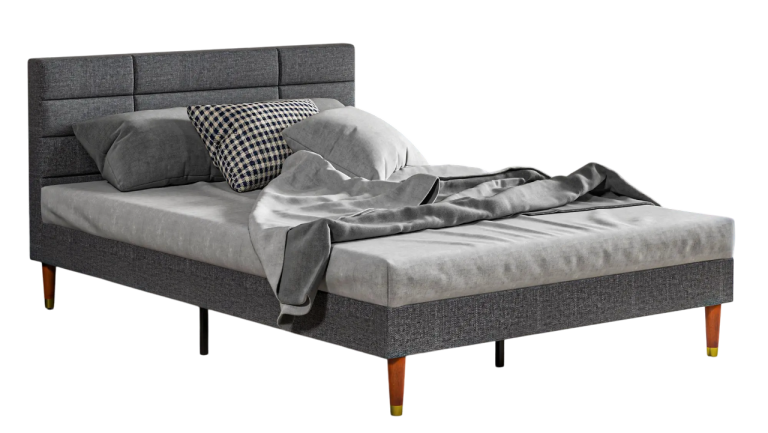 A stylish grey upholstered bed with a tufted headboard and sturdy slat. A stylish grey upholstered bed with a tufted headboard and sturdy slat.