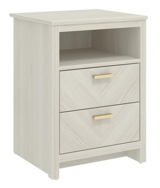 White bedside table with two wood-detailed drawers.