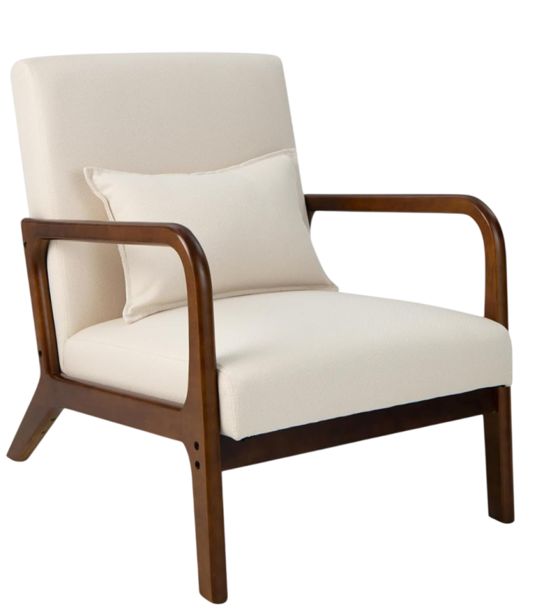 Grey upholstered armchair with wooden frame and arms