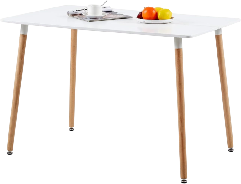 Nordic design dining table with wooden legs holding a tray and a bowl of fruits. Nordic design dining table with wooden legs holding a tray and a bowl of fruits.