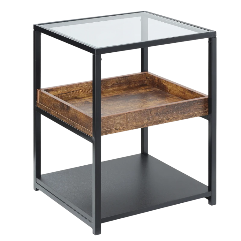 Round grey tabletop with a black, geometric metal base. Round grey tabletop with a black, geometric metal base.