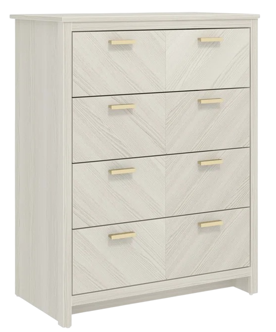 Modern chest of drawers with wooden accents and five white drawers on wooden legs. Modern chest of drawers with wooden accents and five white drawers on wooden legs.