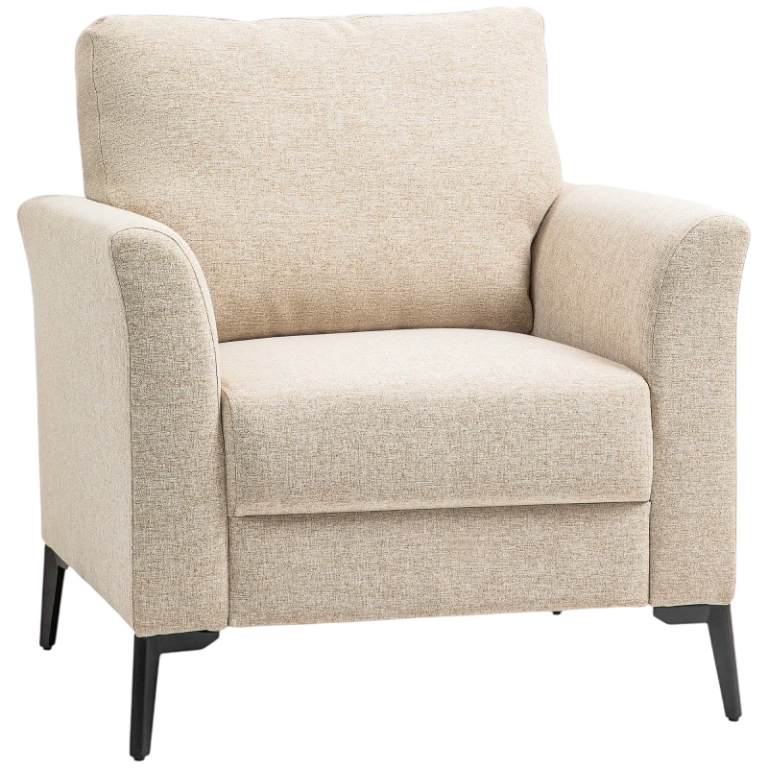 Grey upholstered armchair with wooden frame and arms