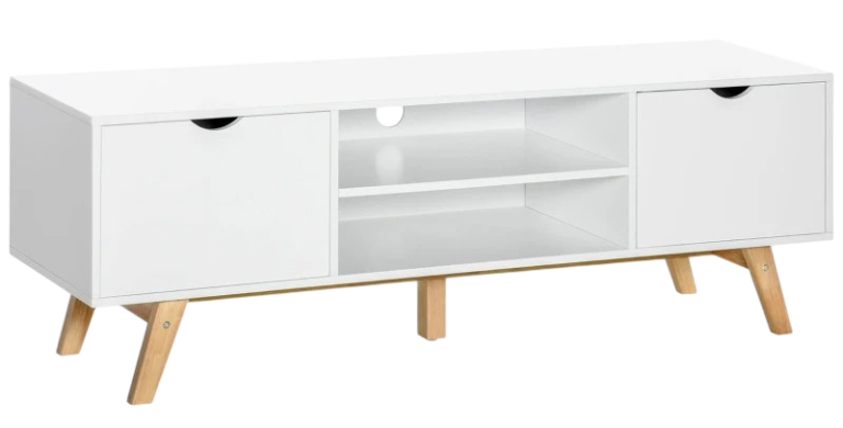White TV cabinet with two doors and open shelves on wooden legs