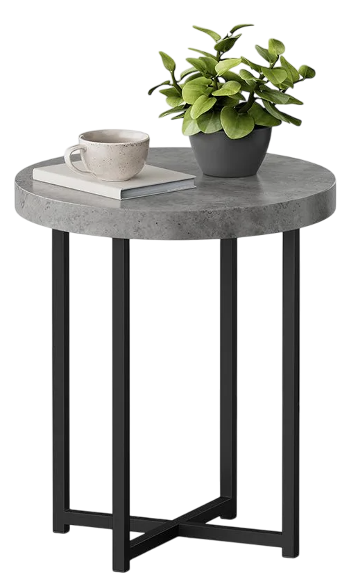 Round grey tabletop with a black, geometric metal base. Round grey tabletop with a black, geometric metal base.
