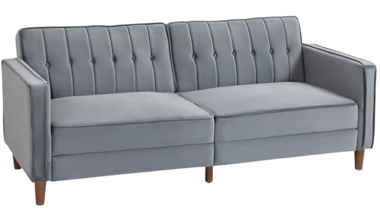 Grey three-seater sofa with clean lines and tapered legs.