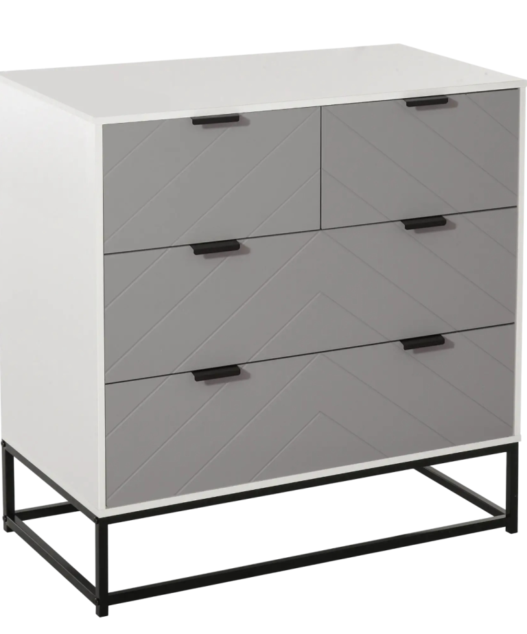 Modern chest of drawers with wooden accents and five white drawers on wooden legs. Modern chest of drawers with wooden accents and five white drawers on wooden legs.