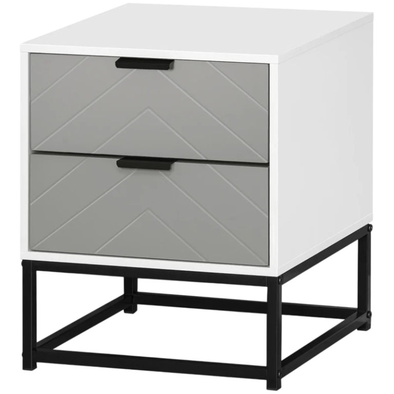 White bedside table with two wood-detailed drawers.
