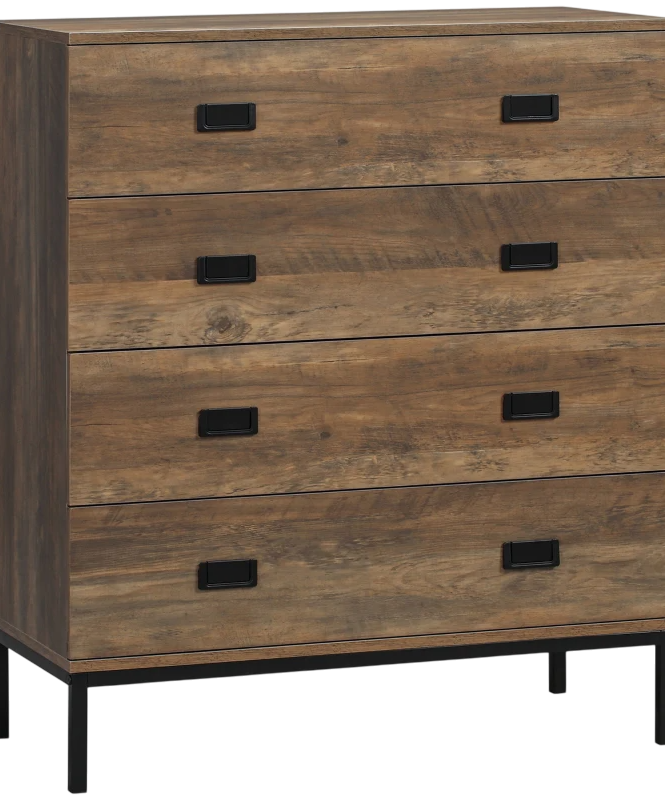 Modern chest of drawers with wooden accents and five white drawers on wooden legs. Modern chest of drawers with wooden accents and five white drawers on wooden legs.