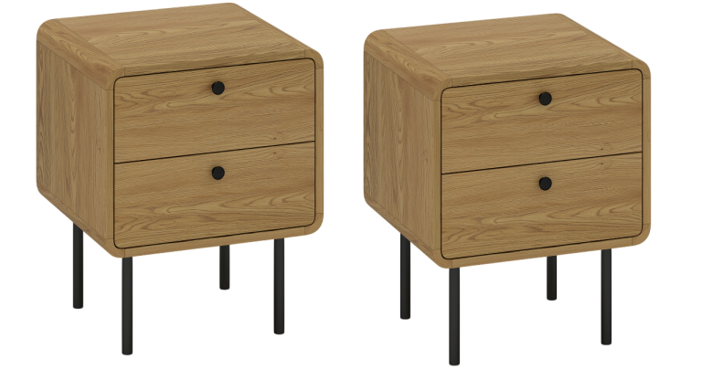 White bedside table with two wood-detailed drawers.